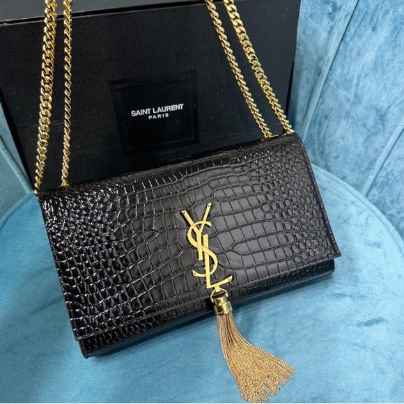 Yves Saint Laurent Black Croc-Embossed Leather Bag with Gold Chain - Picture 2 of 8